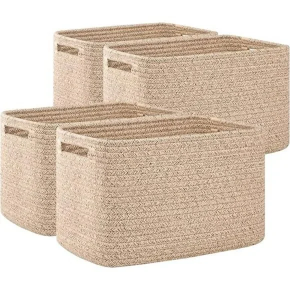 Woven Cotton Storage Baskets Set Cube Shelf Organizer Bins with Handles